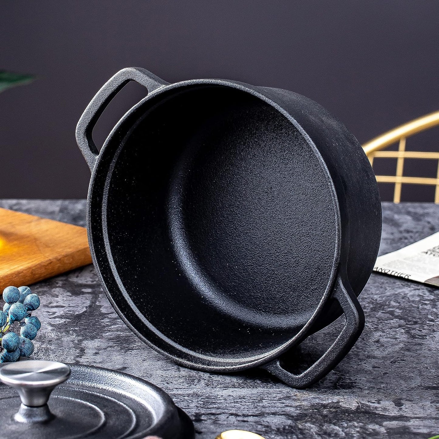 5.2 Quart Pre-Seasoned Cast Iron Dutch Oven with Lid and Handles - Versatile Black Cast Iron Skillet - Shallow Cookware for Casseroles and Braising Dishes - Works with Induction Stovetops