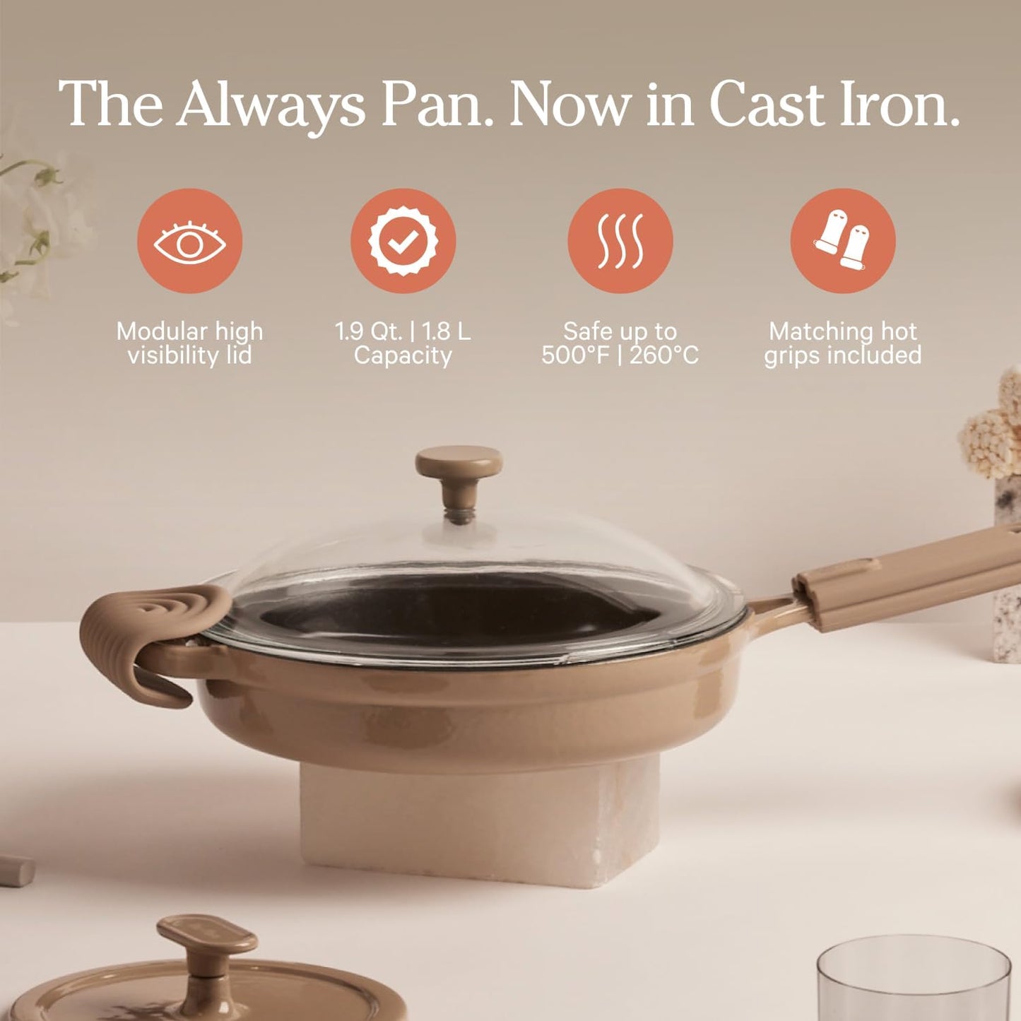 Cast Iron Always Pan | Premium Enameled, Toxin-Free Surface | 10-Inch 8-In-1 Multifunctional Cookware System | Lid, Handle Covers | Heavy Duty Skillet | Oven & High Heat Safe | Steam