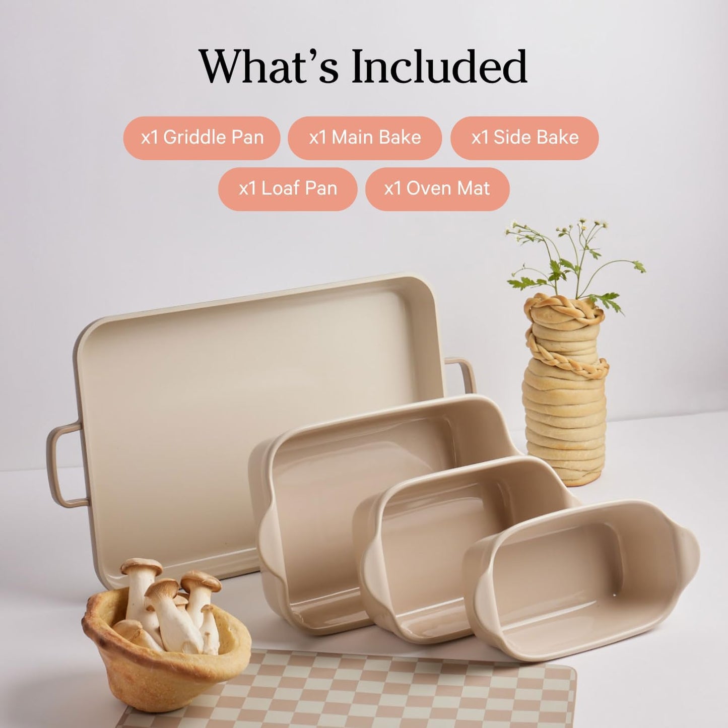 Bakeware Set | 5-Piece Nonstick, Toxin-Free, Ceramic, Stoneware Set with Oven Pan, Bakers, & Oven Mat | Space-Saving Nesting Design | Oven-Safe | Bake, Roast, Griddle and More | Spice