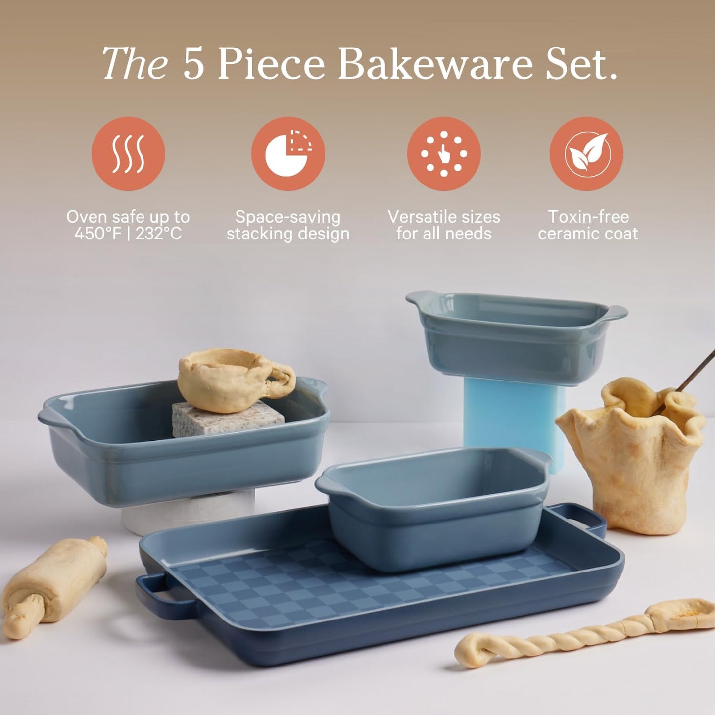 Bakeware Set | 5-Piece Nonstick, Toxin-Free, Ceramic, Stoneware Set with Oven Pan, Bakers, & Oven Mat | Space-Saving Nesting Design | Oven-Safe | Bake, Roast, Griddle and More | Blue Salt