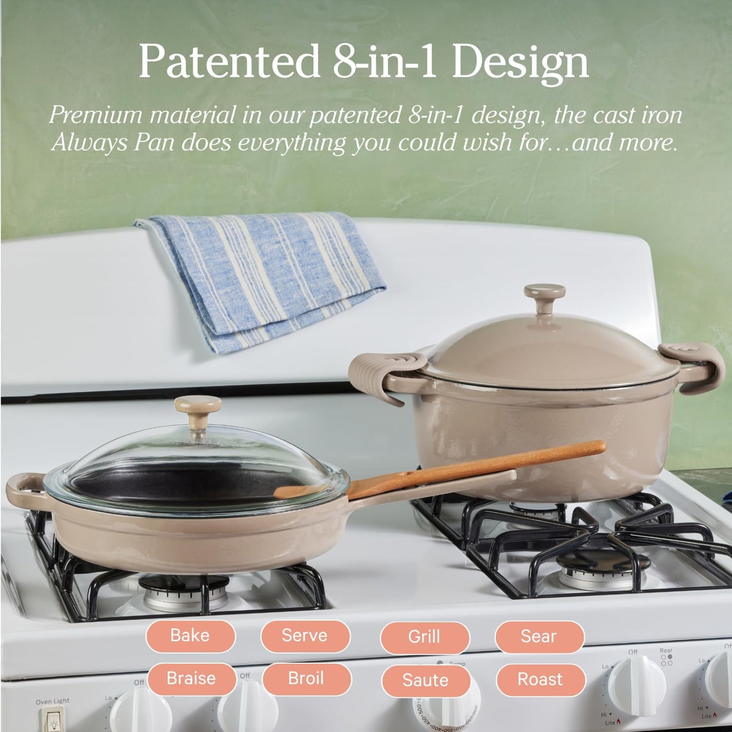 Cast Iron Always Pan | Premium Enameled, Toxin-Free Surface | 10-Inch 8-In-1 Multifunctional Cookware System | Lid, Handle Covers | Heavy Duty Skillet | Oven & High Heat Safe | Steam