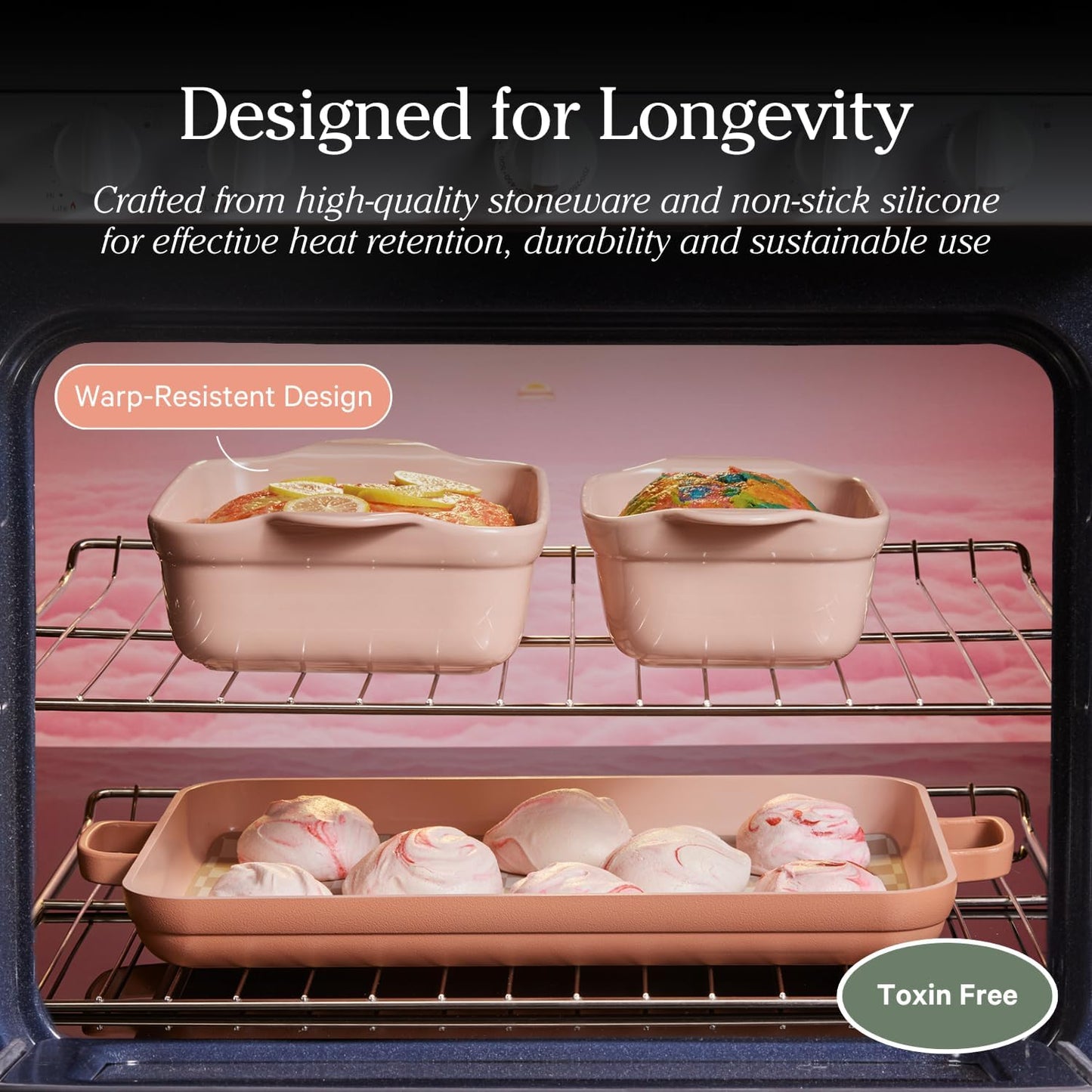 Bakeware Set | 5-Piece Nonstick, Toxin-Free, Ceramic, Stoneware Set with Oven Pan, Bakers, & Oven Mat | Space-Saving Nesting Design | Oven-Safe | Bake, Roast, Griddle and More | Spice