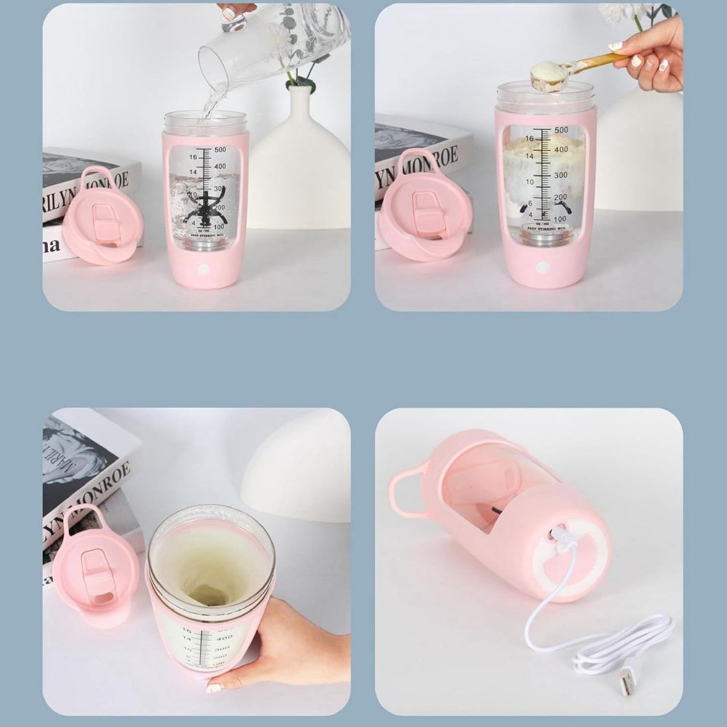 USB Electric Protein Shake ,Electric Shaker Cup Fully Automatic Mixing Cup Rechargeable Sports Portable Protein Powder Shaker Cup (Pink)