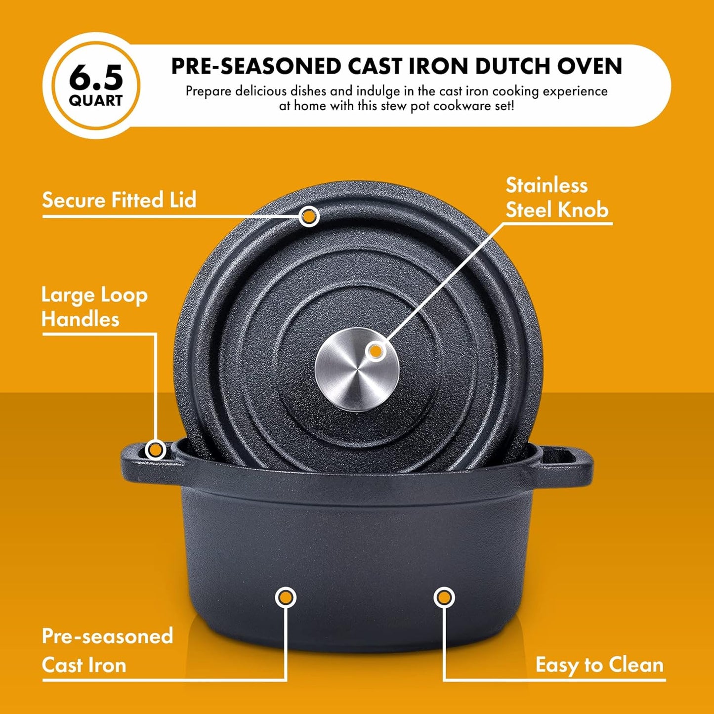 5.2 Quart Pre-Seasoned Cast Iron Dutch Oven with Lid and Handles - Versatile Black Cast Iron Skillet - Shallow Cookware for Casseroles and Braising Dishes - Works with Induction Stovetops