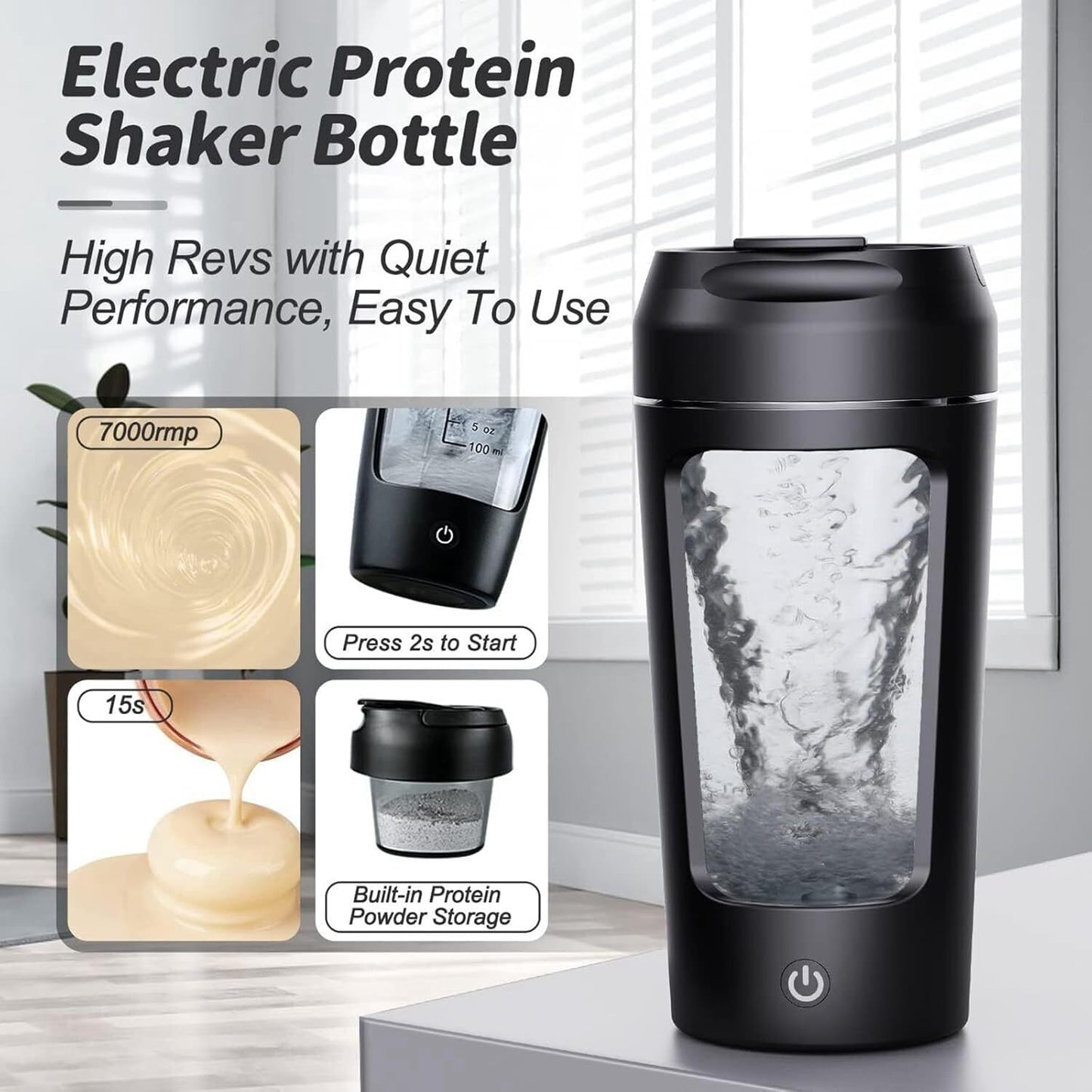 USB Electric Protein Shake ,Electric Shaker Cup Fully Automatic Mixing Cup Rechargeable Sports Portable Protein Powder Shaker Cup (Black)