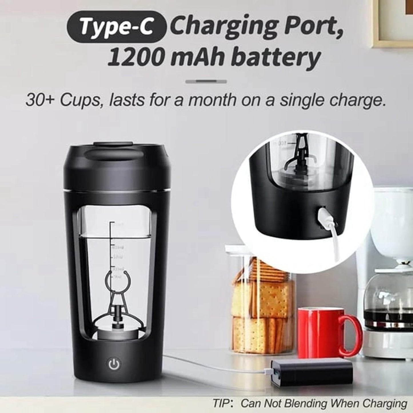 USB Electric Protein Shake ,Electric Shaker Cup Fully Automatic Mixing Cup Rechargeable Sports Portable Protein Powder Shaker Cup (Black)
