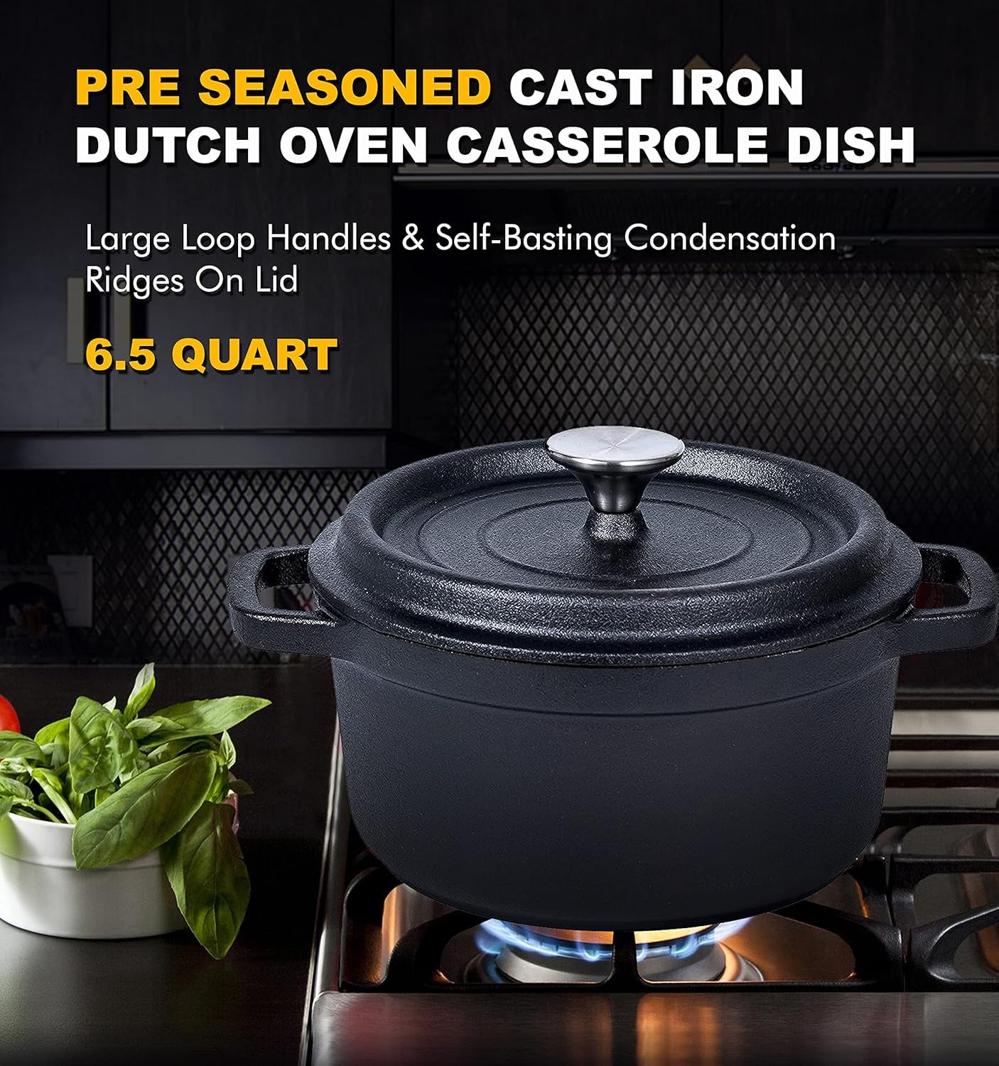 5.2 Quart Pre-Seasoned Cast Iron Dutch Oven with Lid and Handles - Versatile Black Cast Iron Skillet - Shallow Cookware for Casseroles and Braising Dishes - Works with Induction Stovetops