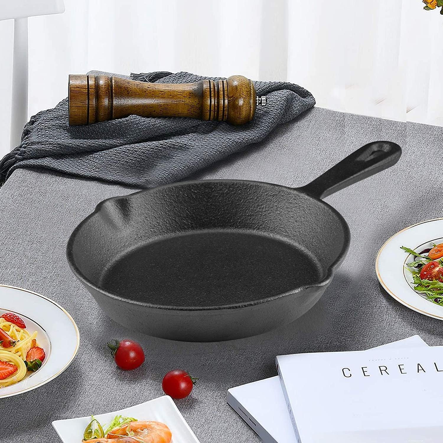 6 Inch Cast Iron Skillet, Frying Pan with Drip-Spouts, Pre-Seasoned Oven Safe Cookware, Camping Indoor and Outdoor Cooking, Grill Safe, Restaurant Chef Quality