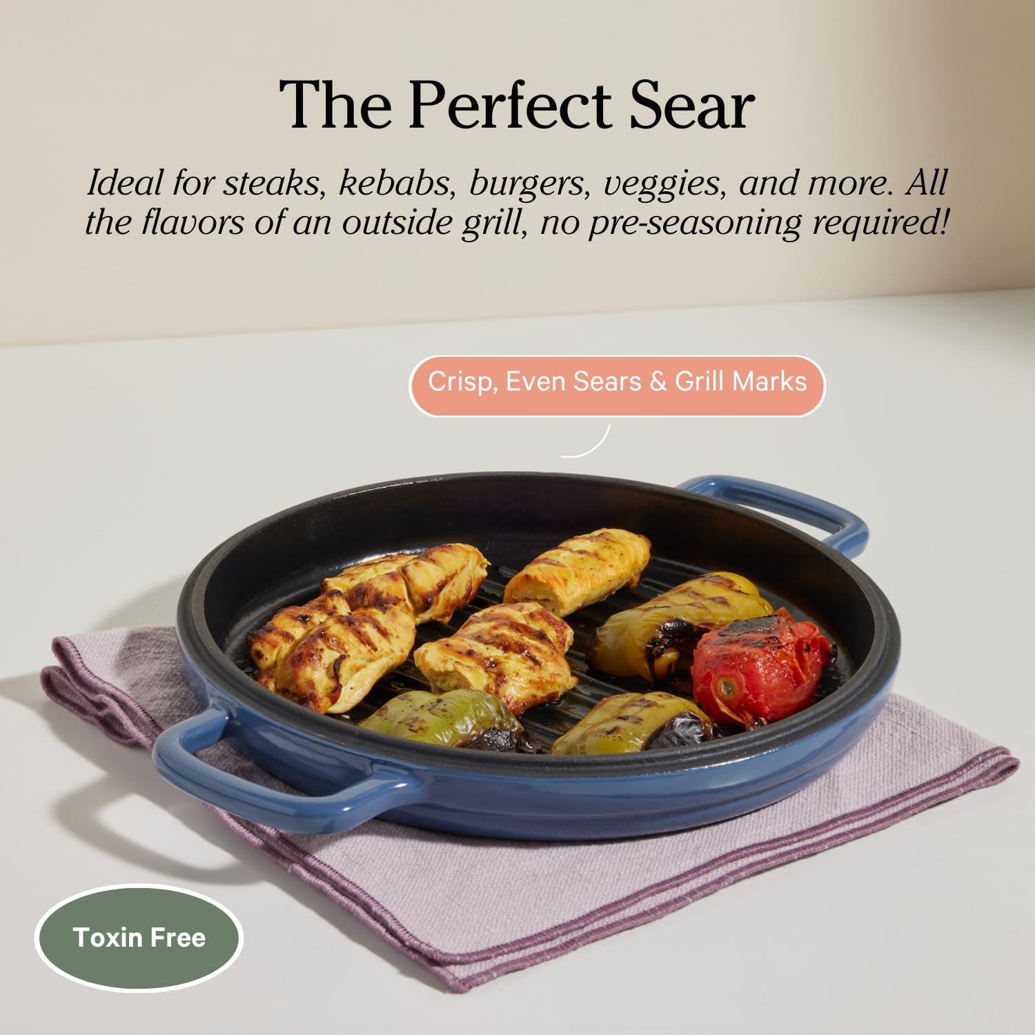 Cast Iron Hot Grill | Toxin-Free, 10.5" Round, Enameled Cast Iron Grill Pan | Indoor Serious Searing & Grill Marks | Oven Safe up to 500°F | Easy to Clean & Maintain | Spice