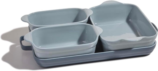 Bakeware Set | 5-Piece Nonstick, Toxin-Free, Ceramic, Stoneware Set with Oven Pan, Bakers, & Oven Mat | Space-Saving Nesting Design | Oven-Safe | Bake, Roast, Griddle and More | Blue Salt