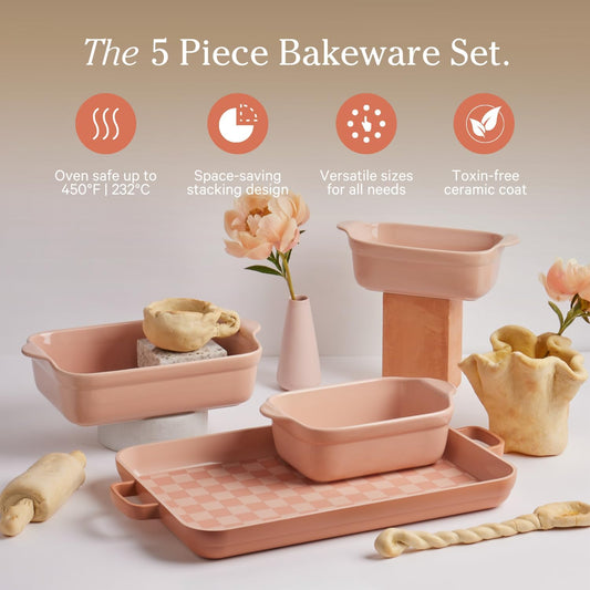 Bakeware Set | 5-Piece Nonstick, Toxin-Free, Ceramic, Stoneware Set with Oven Pan, Bakers, & Oven Mat | Space-Saving Nesting Design | Oven-Safe | Bake, Roast, Griddle and More | Spice