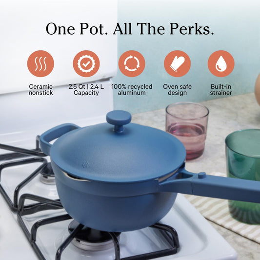 Perfect Pot -Mini 2.5Qt Nonstick Ceramic Sauce Pan with Lid | Versatile Cookware for Stovetop and Oven | Steam, Bake, Braise, Roast | PTFE & Pfoa-Free | Toxin-Free, Easy to Clean | Blue Salt