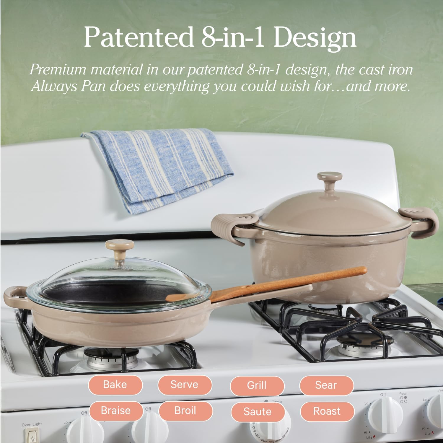 Cast Iron Always Pan | Premium Enameled, Toxin-Free Surface | 10-Inch 8-In-1 Multifunctional Cookware System | Lid, Handle Covers | Heavy Duty Skillet | Oven & High Heat Safe | Steam