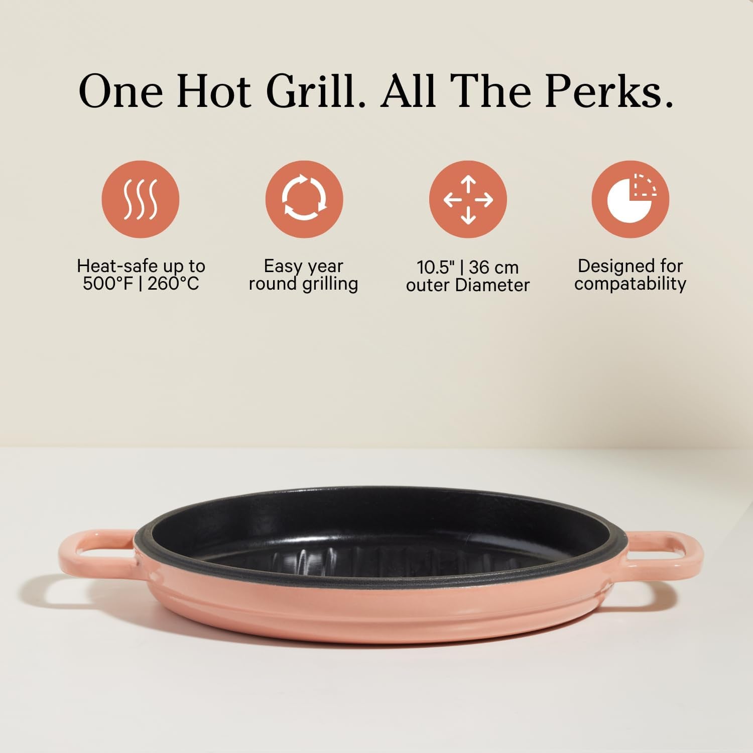 Cast Iron Hot Grill | Toxin-Free, 10.5" Round, Enameled Cast Iron Grill Pan | Indoor Serious Searing & Grill Marks | Oven Safe up to 500°F | Easy to Clean & Maintain | Spice