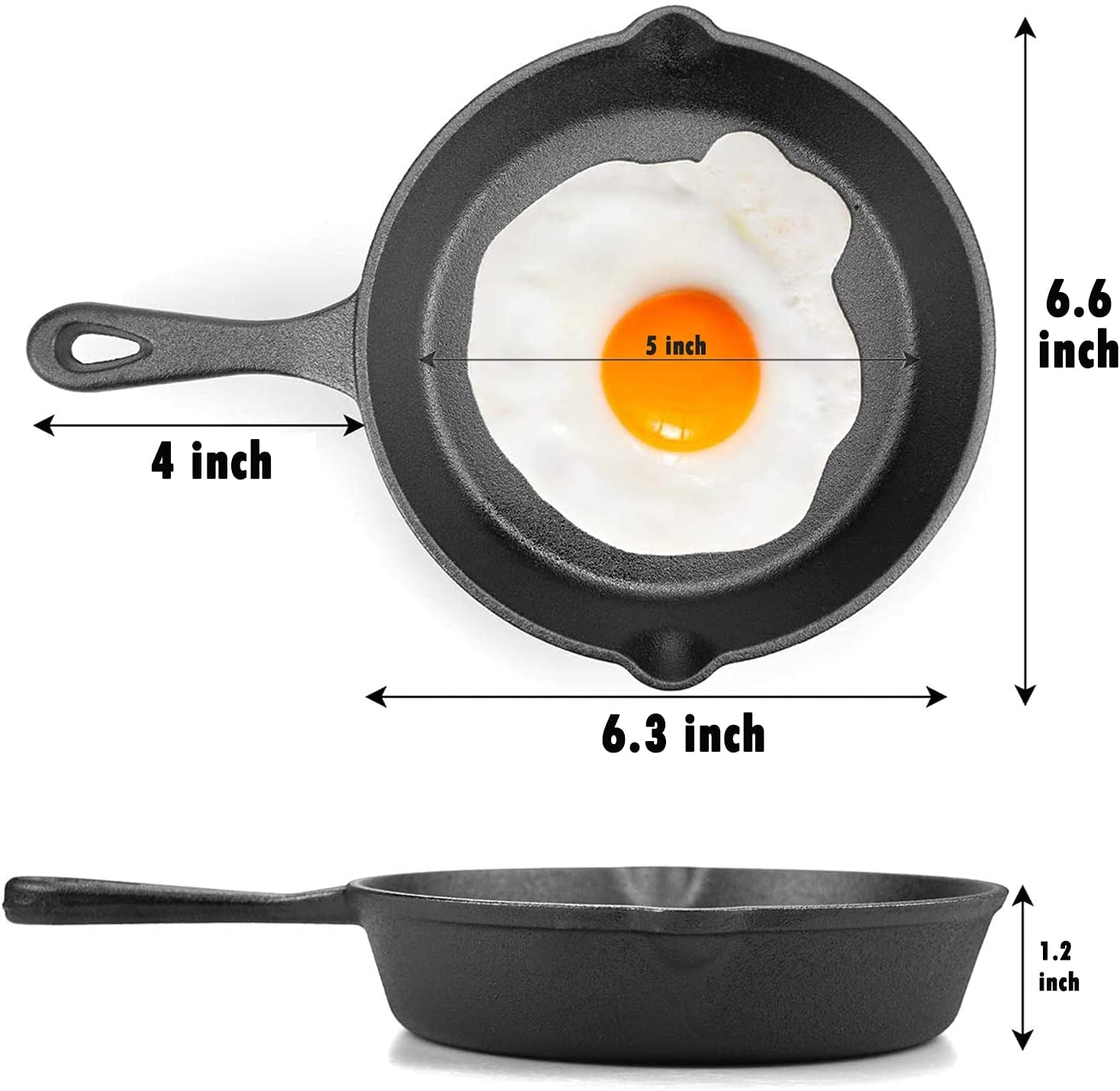 6 Inch Cast Iron Skillet, Frying Pan with Drip-Spouts, Pre-Seasoned Oven Safe Cookware, Camping Indoor and Outdoor Cooking, Grill Safe, Restaurant Chef Quality