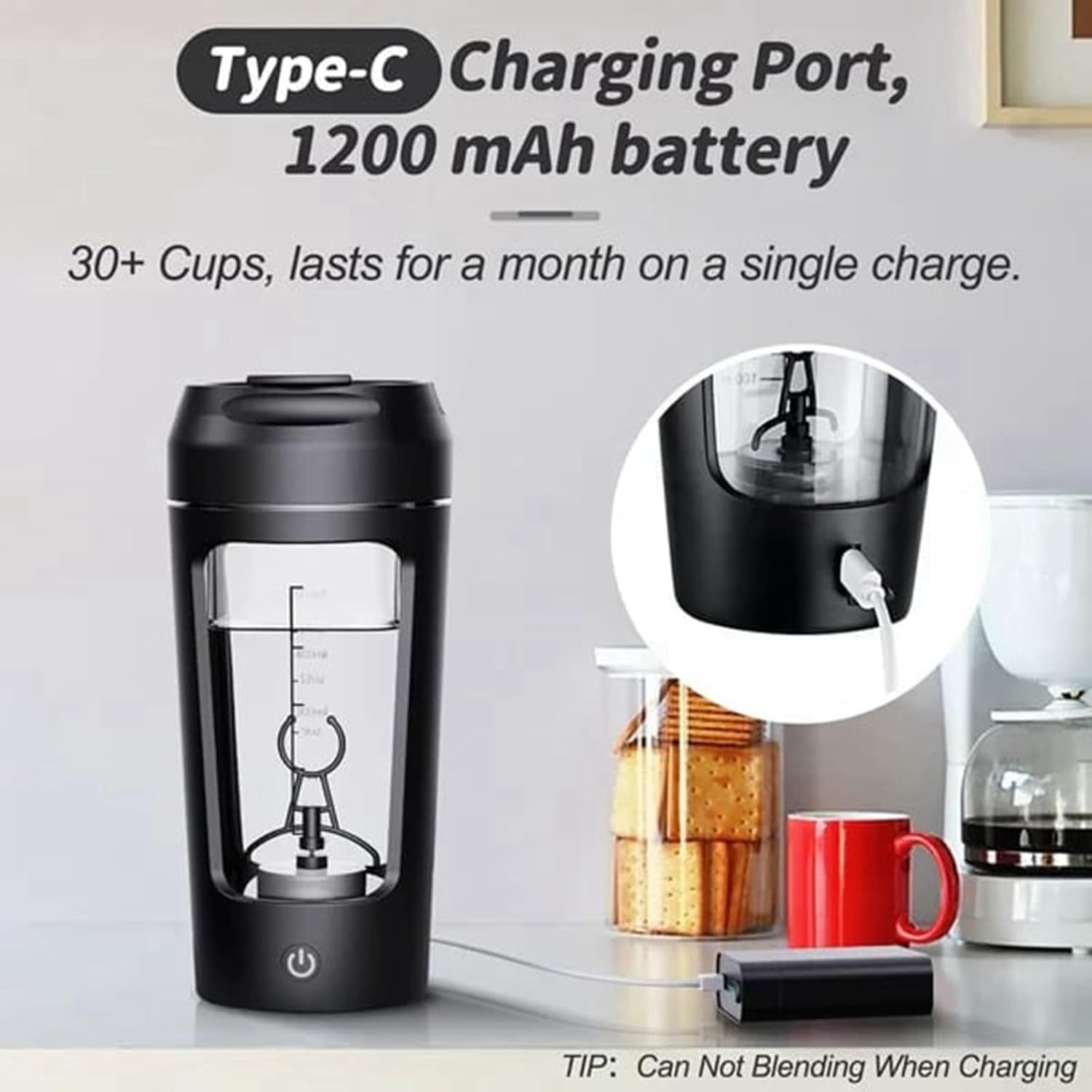 USB Electric Protein Shake ,Electric Shaker Cup Fully Automatic Mixing Cup Rechargeable Sports Portable Protein Powder Shaker Cup (Black)